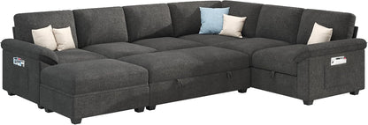 105" Sofa Bed, Sectional Sleeper Sofa with Pull Out Bed/Reclining Backrest, Sleeper Couch Bed with Storage, 6 Seater Couch Bed for Living Room, Chenille Dark Gray8