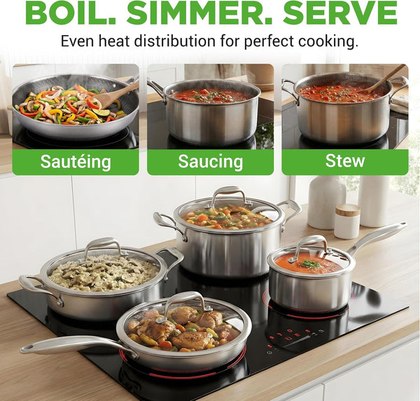 8-Piece Triply Cookware Set Stainless Steel - Triply Kitchenware Pots & Pans Set Kitchen Cookware, Non-Stick Coating - Sauce Pot, Stew Pot, Cooking Pot, Frying Pan, Lids - NC3PLY8Z6
