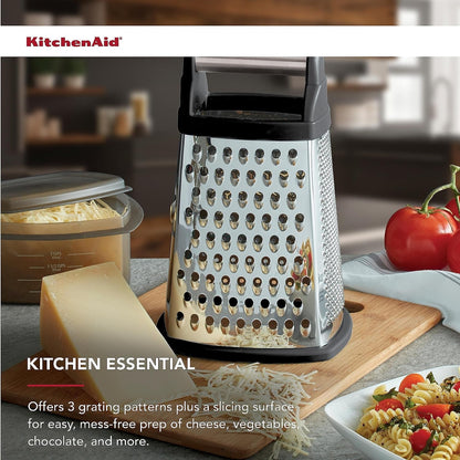 Kitchenaid Gourmet Box Grater with Detachable Measuring Container and Lid, Stainless Steel Coarse Medium Fine Grater and Slicer, Dishwasher Safe, Black4