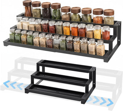 3-Tier Spice Rack Organizer for Kitchen Cabinet or Pantry, 16"-29" Expandable Spice Organization Shelf, Seasoning Organizer, Metal Display Shelf, Slip-Resistant Design for Jars and Bottles, Black1