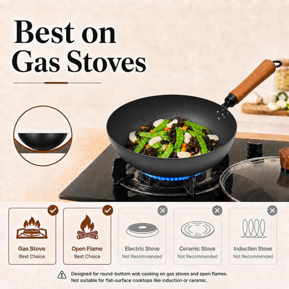 11" round Bottom Carbon Steel Wok with Glass Lid, Traditional Chinese Stir Fry Pan for Gas Stove & Wok Ring, 3.2 QT Small Wok for 1–3 People, Uncoated, Wood Handle, Seasoning Required4