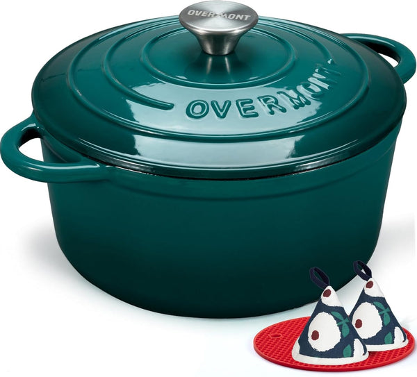 Enameled Cast Iron Dutch Oven - 7QT Pot with Lid Cookbook & Cotton Potholders - Heavy-Duty Cookware for Braising, Stews, Roasting, Sourdough Baking Bottle Green1