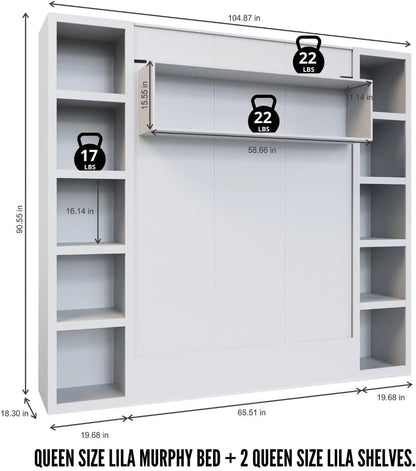 Easy-Lift Queen Murphy Wall Bed in Brown Wood Grain with Two Bookshelves6