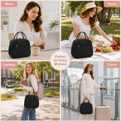 Lunch Box for Women Insulated Lunch Bag Lunchbox Cooler Thermal Leakproof Quilted Reusable Lunch Tote Bag for Work School Travel Picnic (Black)6