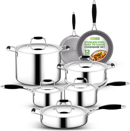 12-Piece Stainless Steel Kitchenware - Pots & Pans Set Clad Kitchen Cookware W/ Silicone Grip Handles, Fry Pan Interior Coated W/ Prestige Ceramic Non-Stick Coating, Stylish Kitchen Cookware1