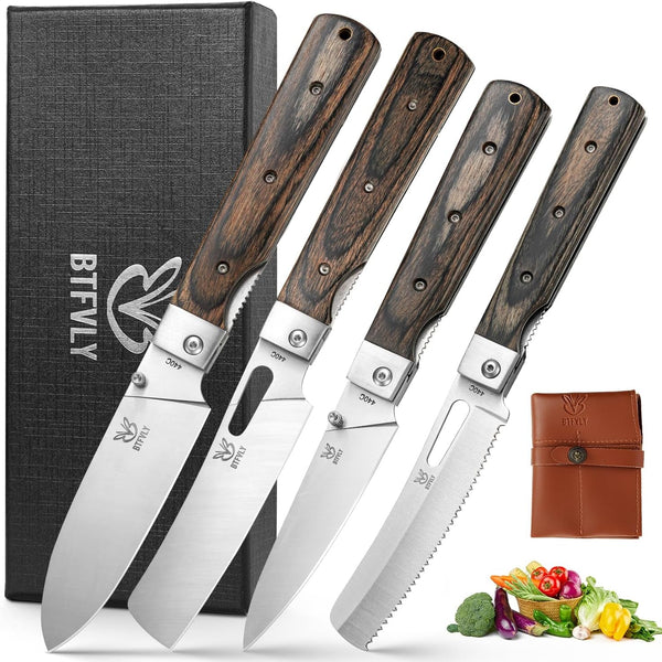 440A Stainless Steel 4 - Piece Folding Knife Set, Black - Colored Wood Handle, Sharp Pocket Knives for Chef/Bread/Peeling, Portable Kitchen & Outdoor Use1