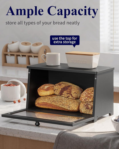 Wooden Bread Box for Kitchen Countertop, 1-Tier, Black3