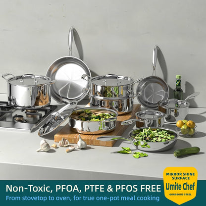 Stainless Steel Cookware Set, 5 Ply 14 Piece Stainless Steel Pot and Pan Set-Induction, Heavy Chef Quality, Oven Safe | Professional Kitchen Cooking Appliances, PFOA, PTFE & PFOS Free2