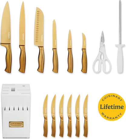 Professional Block Knife Set, 15Pc Cutlery Knife Set with Steel Blades for Precise Cutting, Lightweight, Stainless Steel, Durable & Dishwasher Safe (White/Gold)2
