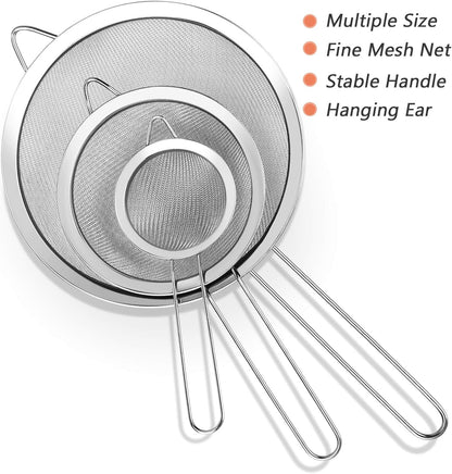 3Pcs Super Wire Extra Fine Mesh Strainer with Handle, Small Medium Large Size Sifter Metal Strainer Set, Stainless Steel Sieve Fine Mesh Strainers for Kitchen Rice Juice Quinoa Food Flour Baking6