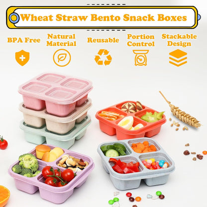 6 Pack Snack Containers, 4 Compartment Snack Box Containers Bento Box, Reusable Meal Prep Lunch Containers for Adults Kids Toddler, Divided Food Containers for Travel Work School3