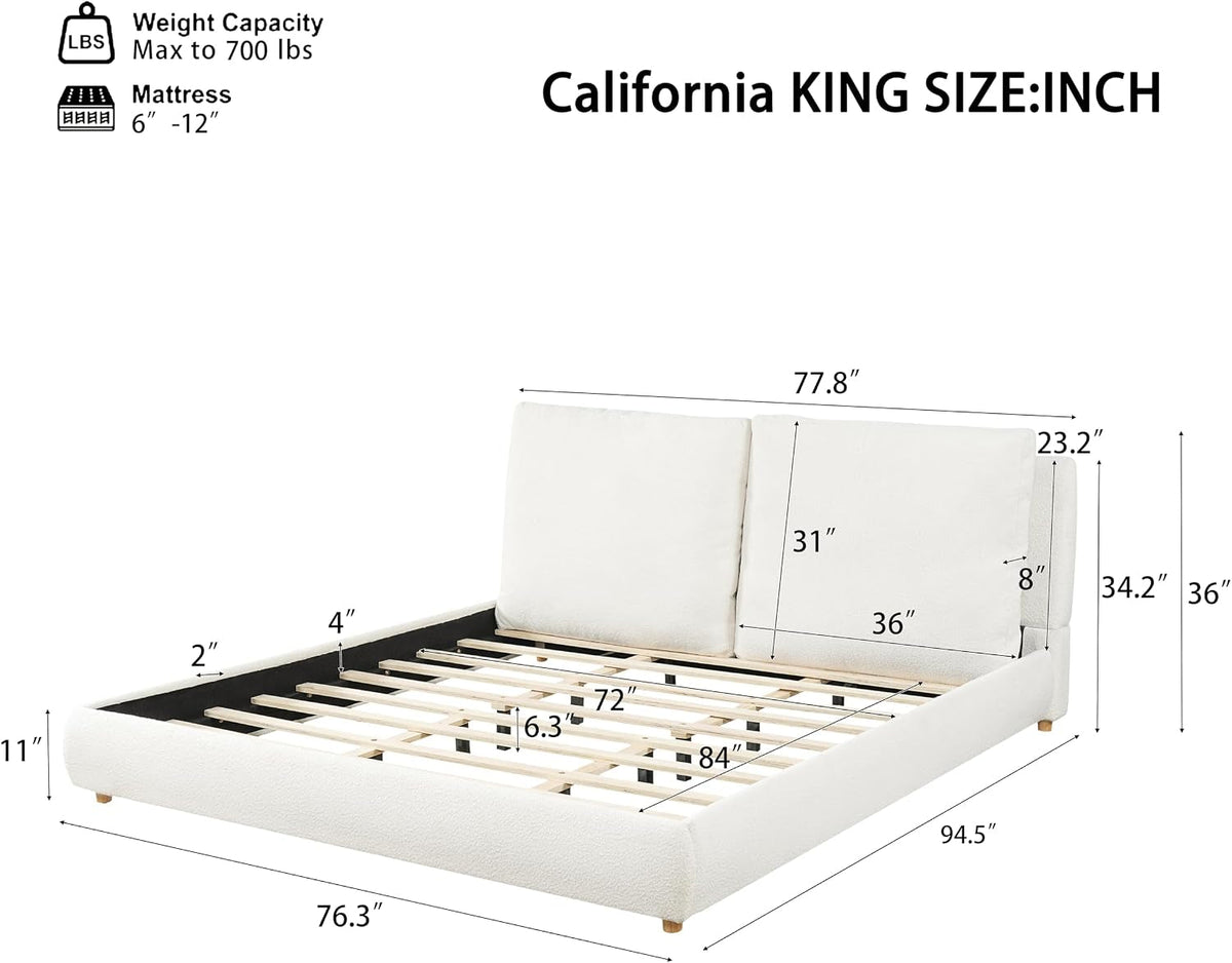 california-king-boucle-platform-bed-with-2-headboard-pillows-white