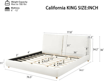 California King Boucle Platform Bed with 2 Headboard Pillows, White2