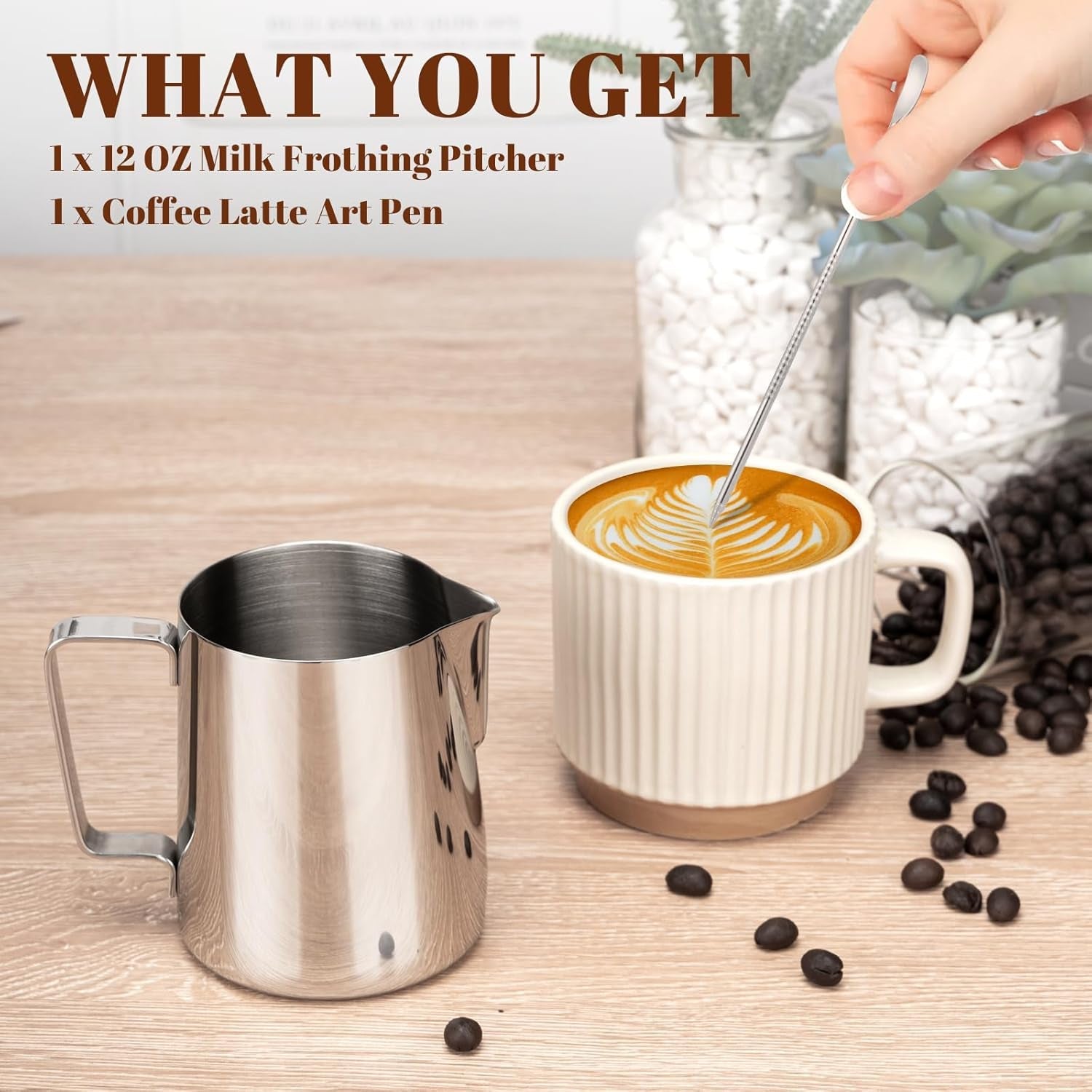 milk-frothing-pitcher-12oz-frother-cup-barista-tools-silver-18-8-stainless-steel-12oz-capacity-with-clear-scale-with-decorating-pen-ergonomic-handle-for-cappuccino-latte-espresso