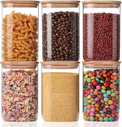 6 Pack Glass Food Storage Jars 37 Oz,Glass Storage Containers Clear Glass Food Canister with Bamboo Lid Airtight for Serving Tea, Coffee, Flour, Sugar, Candy, Cookie, Spice and More (Square)1