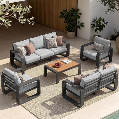Oversized Aluminum Outdoor Furniture Set, Extra Large Patio Furniture Sofa Set 4.8” Widened Armrest & Ultra-Thick Cushions, 5 Pcs Modern Patio Sectional for Backyard, Porch, Gray1