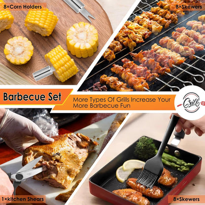 BBQ Grilling Accessories Set, 34Pcs Heavy Duty Grill Tools, Brown | for Outdoor Camping, Grilling Gifts for Fathers Day, Men Dad, Stainless Steel Barbecue Utensils Kit, Includes Mats and Glove4