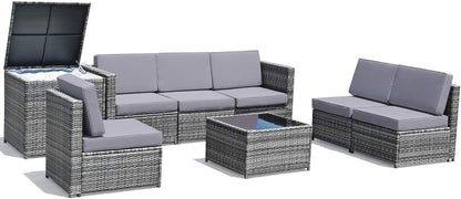 8 PCS Outdoor Patio Furniture Set, Rattan Wicker Sofa Set, Sectional Sofa Couch Conversation Set W/Storage Table and 12 Zippered Cushions for Garden Backyard Poolside (Grey)9