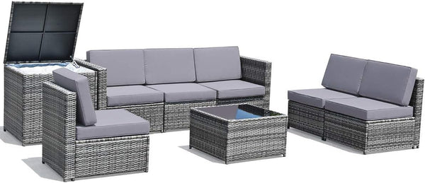 8 PCS Outdoor Patio Furniture Set, Rattan Wicker Sofa Set, Sectional Sofa Couch Conversation Set W/Storage Table and 12 Zippered Cushions for Garden Backyard Poolside (Grey)9