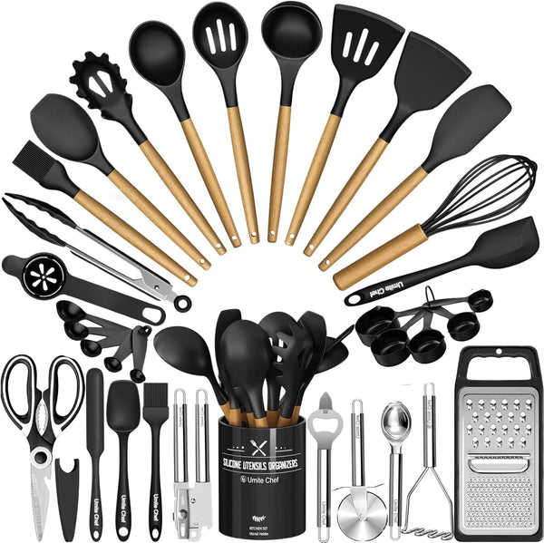 Kitchen Utensils Set- 34PCS Silicone Cooking Utensil with Holder,  Heat Resistant Kitchen Spatula Set for Nonstick Cookware, Black Wooden Handles Kitchen Gadgets Tools Set1