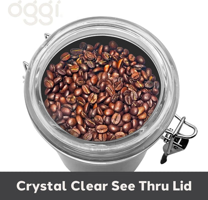 Oggi Stainless Steel Coffee Canister 62 Fl Oz - Airtight Clamp Lid, Clear See-Thru Top - Ideal for Coffee Bean Storage, Ground Coffee Storage, Kitchen Storage, Pantry Storage. Large Size 5" X 7.5".4