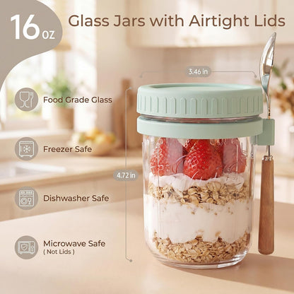 16Oz Glass Overnight Oats Containers with Lids & Spoons, 4 Pack Multicolor3