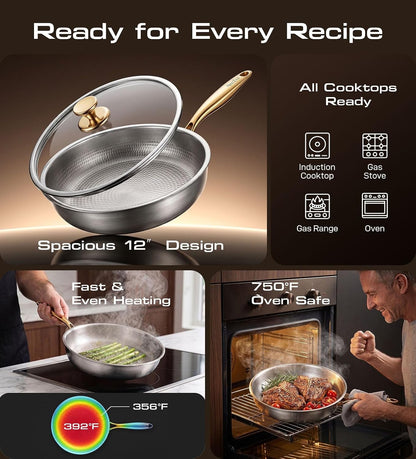 Titanium Pans for Cooking, 12″ Pure Titanium Non Stick Frying Pans with Lid | Coating-Free Healthy Nonstick Cookware, PFAS/PTFE Free, Non Toxic Skillet, Induction & Oven Safe up to 750℉, Dishwasher Safe8