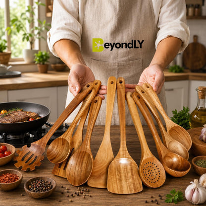 9-Piece Wooden Cooking Utensils Set with Ergonomic Handles – Natural Teak Wood Kitchen Utensils – Non-Scratch Cooking Spoons, Spatula, Ladle, Skimmer, Pasta Server – Safe for Nonstick2