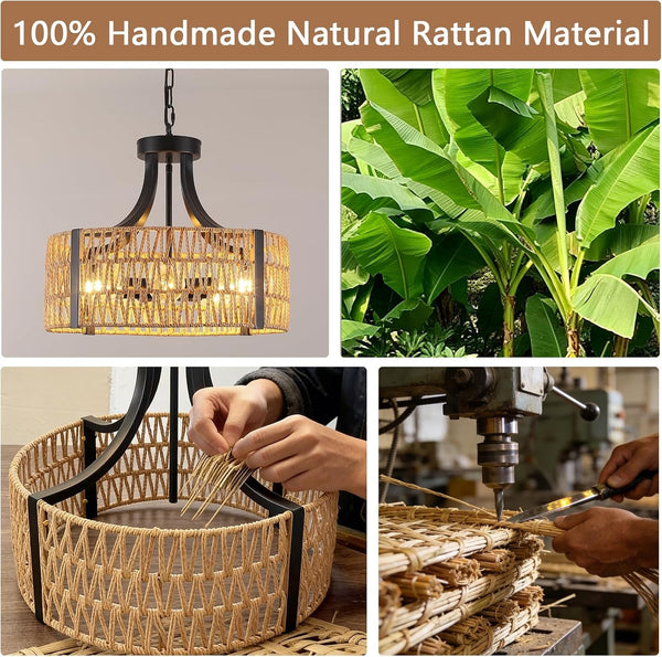 Farmhouse Chandeliers for Dining Room, 5-Light 17.7”Rattan Light Fixture with Wicker Lampshade Hand Woven Boho Chandelier for Kitchen Island, Living Room, Bedroom(E26 Bulbs Not Included)4