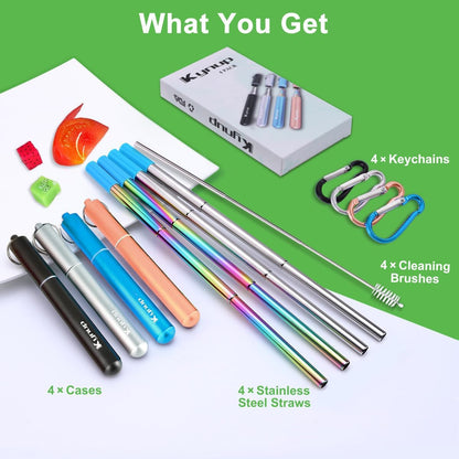 Reusable Collapsible Metal Straws, Cruise Ship Essentials (4Pack) | Travel Drinking Straws, Cruise Must Haves, Portable Foldable Stainless Steel Straws with Cases, Silicone Tips for Gifts4