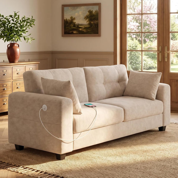 70" Loveseat Sofa with Type-C/2 USB Charger Ports, Chenille Upholstered Couch with Storage Pockets, Spring Cushion, Removable Cover, Modern Love Seat for Living Room, Bedroom, Office, Small Spaces1