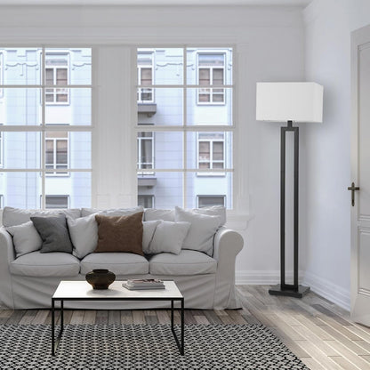 58" Matte Black Floor Lamp with White Linen Shade | On/Off Rotary Switch, Modern Standing Lamp for Living Room or Bedroom, Model 670464