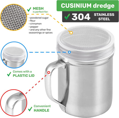 Powdered Sugar Shaker Duster - with Handle - Cinnamon Shaker for Coffee Bar - Fine Mesh Dredge - 6 Ounce, Pack of 2 | Style: Fine3