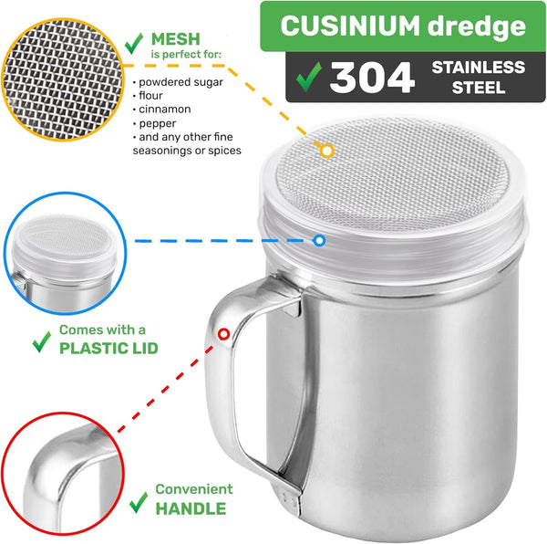 Powdered Sugar Shaker Duster - with Handle - Cinnamon Shaker for Coffee Bar - Fine Mesh Dredge - 6 Ounce, Pack of 2 | Style: Fine3