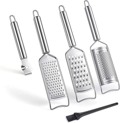 Stainless Steel Cheese Grater Set, Set of 5 Kitchen Grater & Peeler & Slicer, Lemon Zester with Cleaning Brush for Vegetable, Fruit, Chocolate1