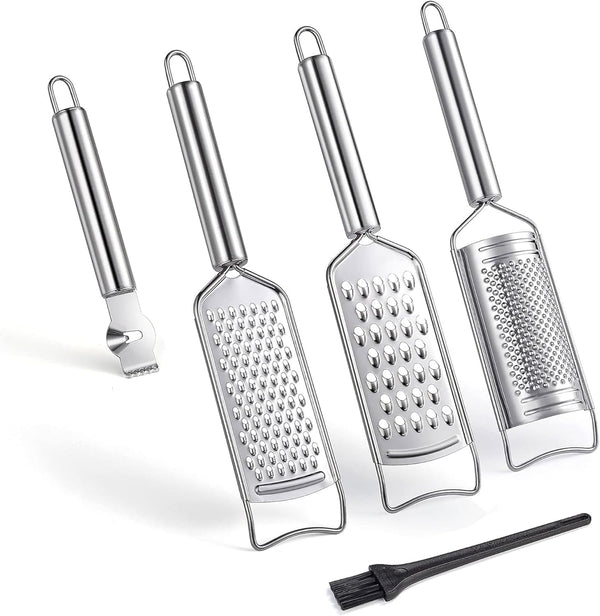 Stainless Steel Cheese Grater Set, Set of 5 Kitchen Grater & Peeler & Slicer, Lemon Zester with Cleaning Brush for Vegetable, Fruit, Chocolate1
