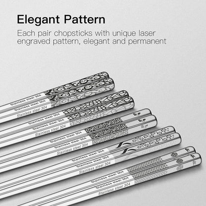 Metal Chopsticks Reusable 18/8 Stainless Steel Chopsticks Multipack Dishwasher Safe Chop Sticks Cute Laser Engraved Non-Slip Japanese Korean Chopstick for Cooking Eating 9 1/4 Inches 5 Pairs Gift Set3