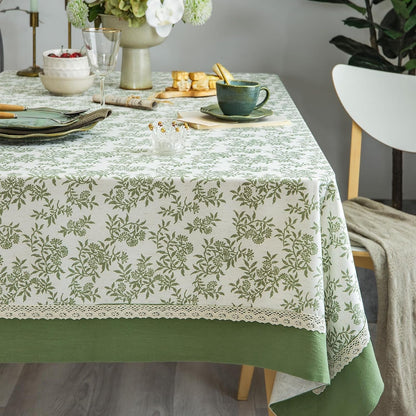 Rustic Tablecloth Solid Cotton Fabric Bordered Retro Tablecloths Classic Plant Leaf Printed Linen Fabric Table Cover Farmhouse Decoration 55X102 Inches Rectangle/Oblong Green for Kitchen1