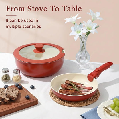 11PCS Ceramic Pots and Pans Set Non Stick, Nonstick Cookware Set Detachable Handle, Red Black Gradien Pots and Pans Induction Kitchen Cooking Sets, RV Cookware Sets for All Stoves9