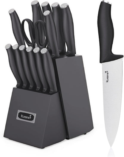 Upgraded Chef Knife Set,High Carbon Stainless Steel Ultra Sharp Blade Ergonomic Handle,Kitchen Knife Block Set with Built-In Sharpener,Elegant Gift for Holiday(Silver Black,15Pcs)1