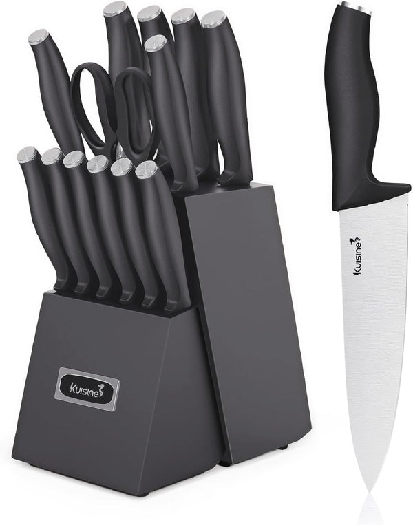 Upgraded Chef Knife Set,High Carbon Stainless Steel Ultra Sharp Blade Ergonomic Handle,Kitchen Knife Block Set with Built-In Sharpener,Elegant Gift for Holiday(Silver Black,15Pcs)1