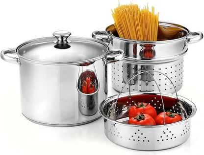 8 Quart Stainless Steel Pasta Pot with Strainer Lid 3-In-1 Pots | Steamer Basket, Pasta Strainer, Stock Pot with Lid - Pasta Cooker Induction Compatible, Dishwasher & Oven Safe1