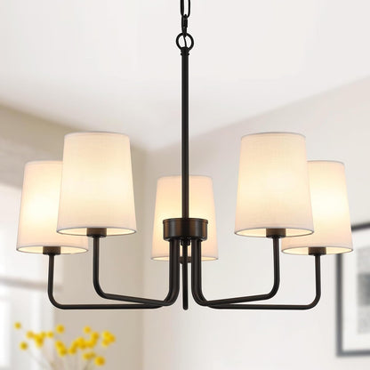 Farmhouse Chandelier, Matte Black with White Fabric Shade, Farmhouse Linear Island Lighting Fixture for Kitchen, Dining Room (5-Light Matte Black with Fabric Shades)1