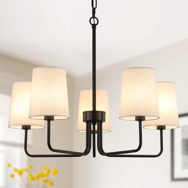 Farmhouse Chandelier, Matte Black with White Fabric Shade, Farmhouse Linear Island Lighting Fixture for Kitchen, Dining Room (5-Light Matte Black with Fabric Shades)1