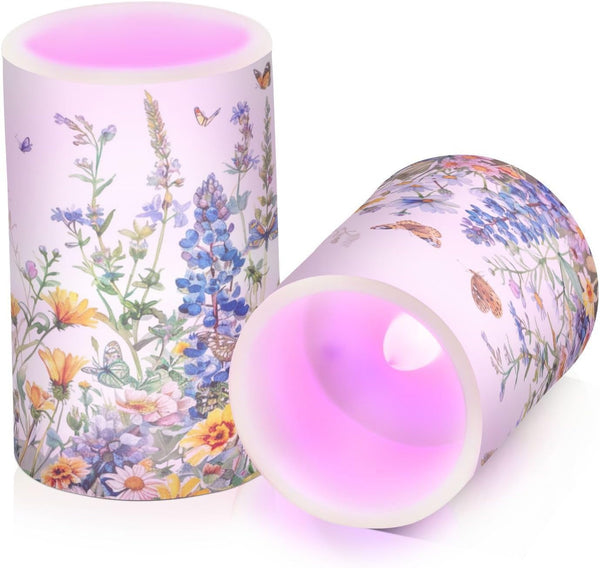 Flower Lights Flameless Candles Watercolor Wildflowers Spring Pillar Candles Set of 2 Battery Operated Remote Control Warm Lights Home Decor2