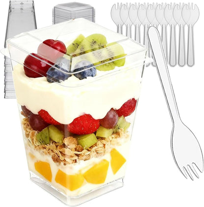 300 Pack 100 Set Clear Dessert Cups with Lids and Spoons, 5.4Oz Mini Dessert Cups Reusable Square Parfait Cup for Party Appertizer, Christmas1