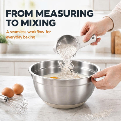7QT 30PCS Mixing Bowls with Lids Set, 7QT to 1QT Stainless Steel Nesting Bowls with Graters, Non-Slip Silicone Bottom, Large Khaki Bowls & 21 Measuring Cups and Spoons Set Kitchen Appliances9