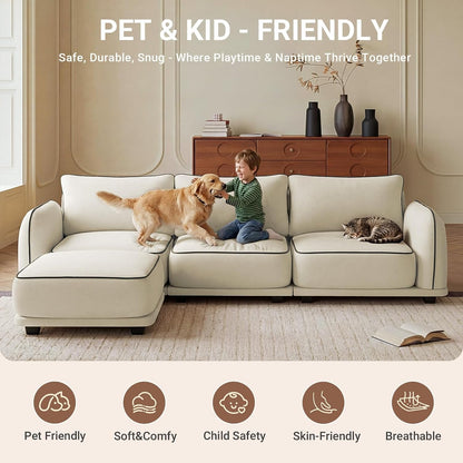 104 Inch L Shaped Modular Sectional Sofa, 4 Seater Modern Cloud Chenille Comfy Couch with Movable Ottoman & 3 Back Pillows, Oversized Comfy L Shape Couch for Living Room, Bedroom, Apartment, Beige4
