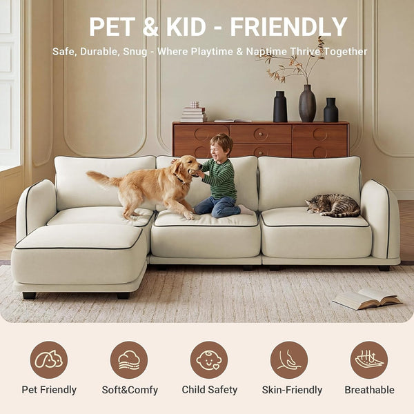 104 Inch L Shaped Modular Sectional Sofa, 4 Seater Modern Cloud Chenille Comfy Couch with Movable Ottoman & 3 Back Pillows, Oversized Comfy L Shape Couch for Living Room, Bedroom, Apartment, Beige4