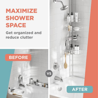 Tension Pole Shower Caddy Corner Organizer, Adjustable Standing Shower Caddy with 4 L-Shaped Baskets and Hooks, Rust Resistant Bathroom Tension Rod Organizer, 60 to 97 Inch, Satin Nickel9